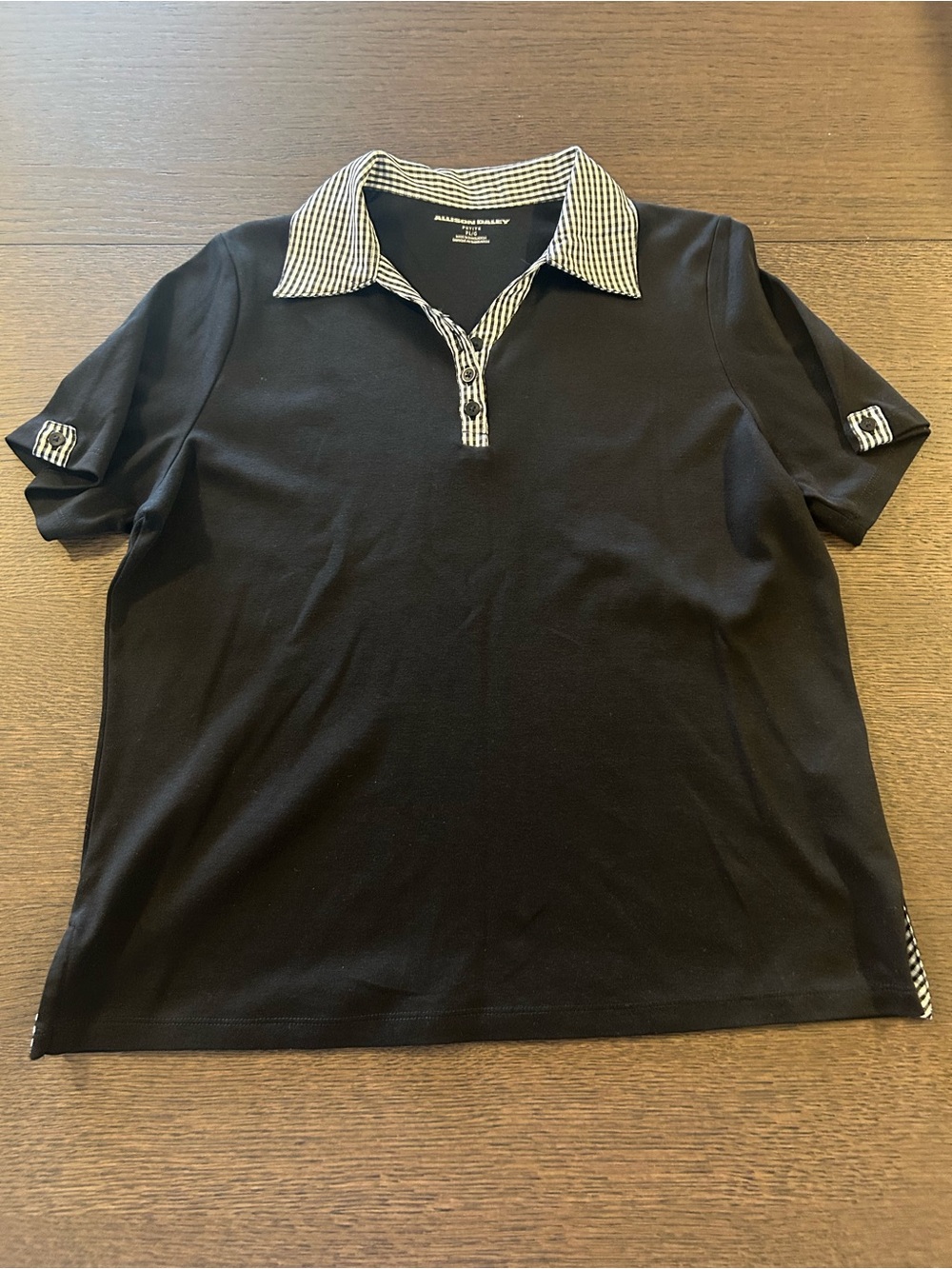 Allison Daley Women Black Polo With Gingham Collar Blouse Short Sleeve Size PL